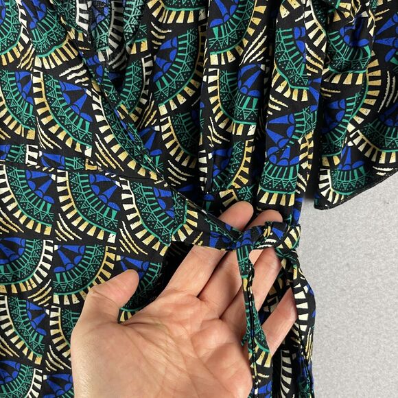 Silk Salt Journey Maxi Wrap Dress Women Medium Geometric Peacock Artsy Tribal - Picture 6 of 16